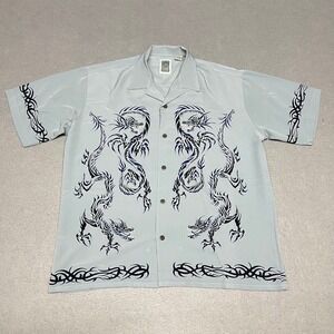 Ocean Current Camp Shirt Mens XL Blue Gray Dragon Print Tribal Y2K Skater Tattoo